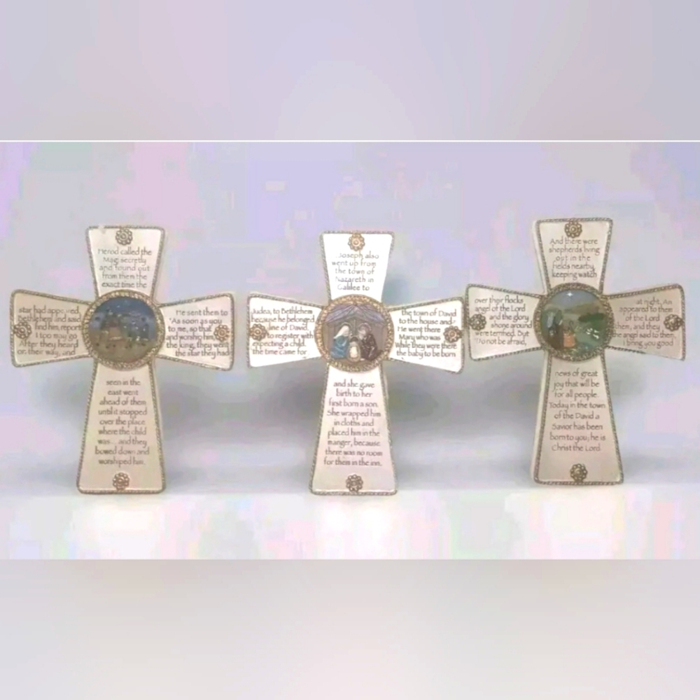 VTG 2002 SET OF 3 ROMAN INC. NATIVITY CROSS HANGING ORNAMENT TELLING STORY